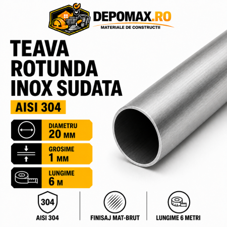 Teava rotunda inox sudata AISI 304, 20 x 1 mm, 6 metri